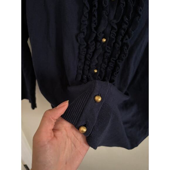 Talbots Sweater Women's Medium Navy Cardigan Button Ruffle Knit - Picture 5 of 7
